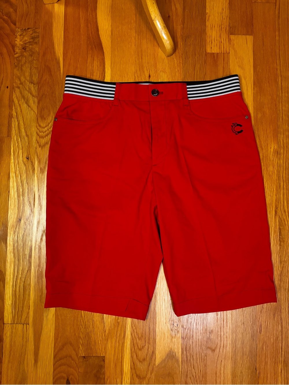 Men's Red Flat Front Shorts with Black & White Striped Waistband
